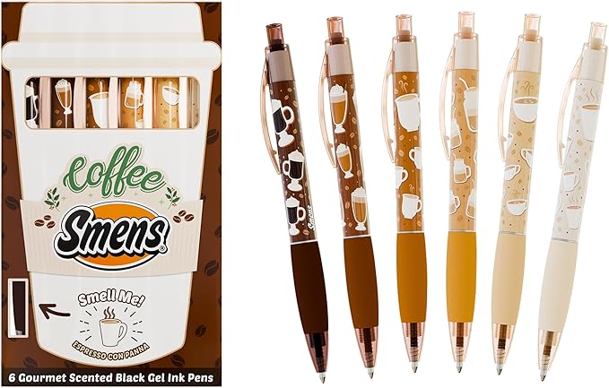 Scentco Coffee Smens - Gourmet Coffee-Scented Gel Pens, Black Ink, Medium Point, 6Pack Variety Set