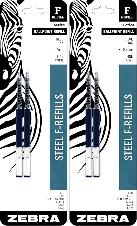 Zebra Pen F-Series Ballpoint Stainless Steel Pen Refill, Fine Point, 0.7mm, Blue Ink, 2-Count (Pack of 2)