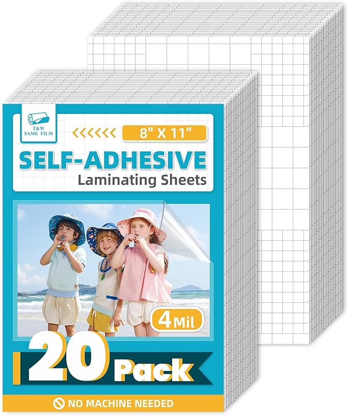 T&W SAME FILM Self Adhesive Laminating Sheets, 4mil, 8 x 11 Inch No Heat Laminating Sheets, Self Sealing Laminating Sheets for Laminator, Round Corner, No Heat, No Machine Needed-20 Pack