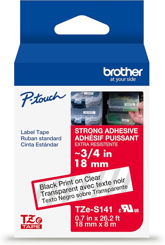 Brother Genuine P-Touch TZe Black Print on Clear Label Tape (TZeS141), Strong Adhesive Laminated, ~3/4in x 26.2ft (18mm x 8m), for Select P-Touch Label Makers, Water-Resistant, Extra Strength