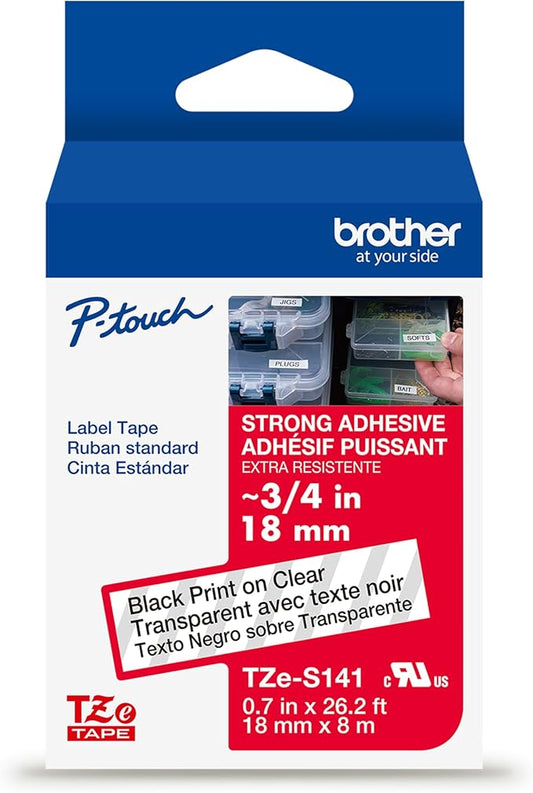 Brother Genuine P-Touch TZe Black Print on Clear Label Tape (TZeS141), Strong Adhesive Laminated, ~3/4in x 26.2ft (18mm x 8m), for Select P-Touch Label Makers, Water-Resistant, Extra Strength