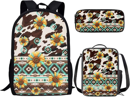 CLOHOMIN Aztec Cow Print Backpack with Lunchbox Age 5th Grade/6th Grade 3 in 1 Middle School Book Bags with Pencil Case Lunch Bag Set Sunflowers School Bag for Kids Boys Girls 9-10