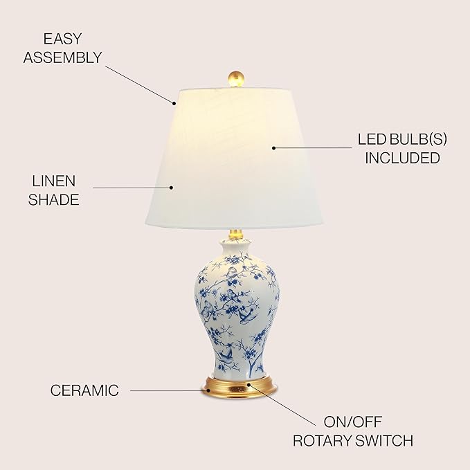 JONATHAN Y 24" Blue/White French Country Ceramic Floral Urn Table Lamp, White Linen Shade, Chinoiserie Ginger Jar Bedside Lamp for Living Room Bedroom, LED Bulb (JYL3009B)