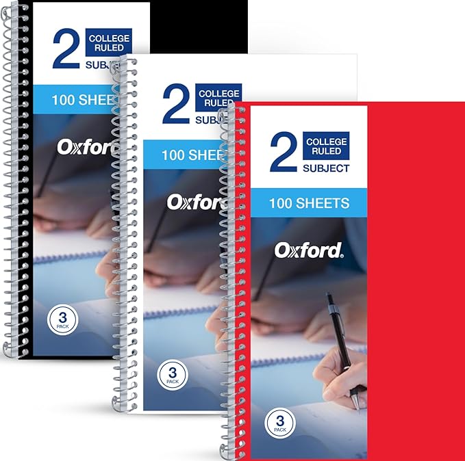 Oxford Two Subject Notebooks College Ruled, Spiral Notebook 6x9 1/2" 100 Sheets, 3 Pack of College Ruled Notebook With Pockets, Poly Cover, Red, White, and Black