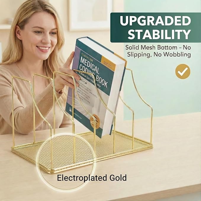 Simmer Stone Gold Binder Organizer for Desk, 5 Slot Metal Wire Vertical File Sorter with Mesh Bottom, Large Desktop Magazine Holder Rack for 2 Inch Binders, Medical Coding Books, Vinyl Records, 12.1"