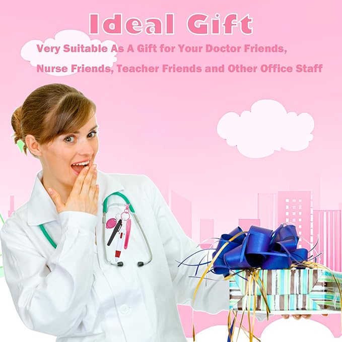 Nurse Pen Set, Badge Reel Pen Include Highlighter, Permanent Marker, Ballpoint Pen, LED Keychain Flashlight, and Nursing Keychain Clip (Pink)