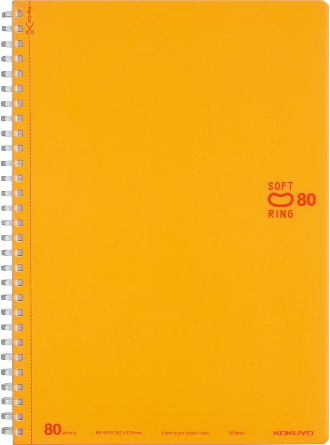KOKUYO Spiral Lined Notebook, 10'' x 7'' Pastel Journal B5 Soft Ring Notebooks with Dot 6 mm Ruled, 80 Sheets, Orange 1 Subject Notebook, Note Taking for School. Japan Import (SU-SV308BT-YR)