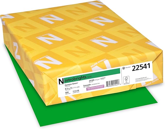 Astrobrights® Color Multi-Use Printer & Copy Paper, 1 Ream, Gamma Green, Letter (8.5" x 11"), 500 Sheets Per Ream, 24 Lb, 94 Brightness