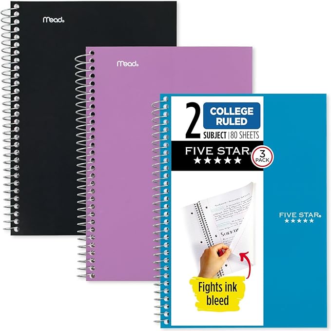 Five Star Spiral Notebooks, 3 Pack, 2 Subject, College Ruled, 9 1/2" x 6", 80 Sheets, Black, Tidewater Blue, Amethyst Purple (840029C-ECM)