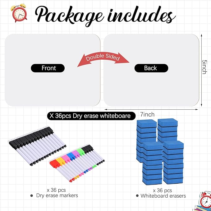 36 Sets Small Whiteboard Dry Erase Boards 5" x7'' Mini Double Sided Dry Erase Lap Boards with Markers Erasers Pen Holders Personal Whiteboards for Students Classroom Teacher