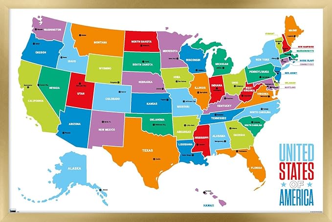 Trends International Map - United States Of America 2022 Wall Poster, 22.375" x 34", Gold Framed Version