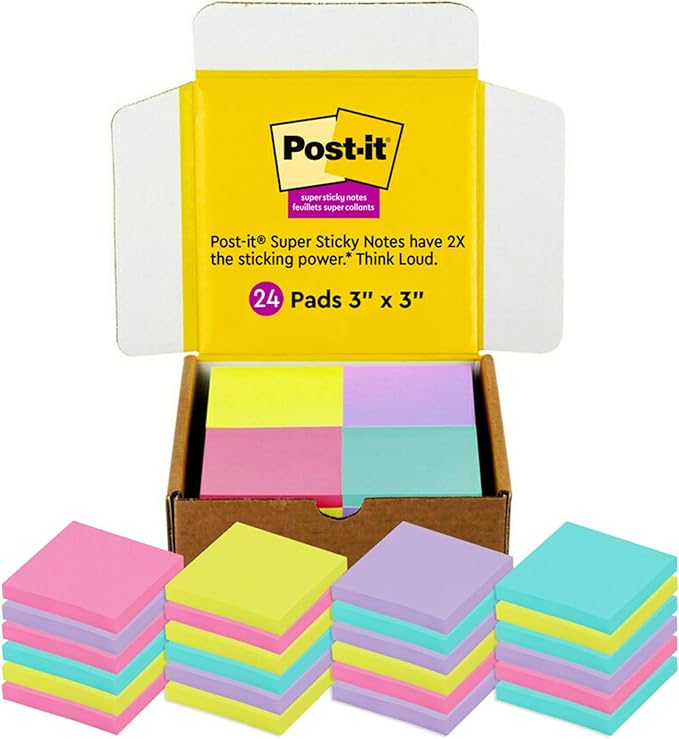 Post-it Super Sticky Notes, 3x3 in, 24 Pads/Pack, 70 Sheets/Pad, Amazon Exclusive Bright Color Collection, Aqua Splash, Acid Lime, Tropical Pink and Iris Infusion (Pack of 8)