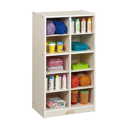 ECR4Kids 10 Cubby Mobile Tray Storage Cabinet, 5x2, Classroom Furniture, White Wash
