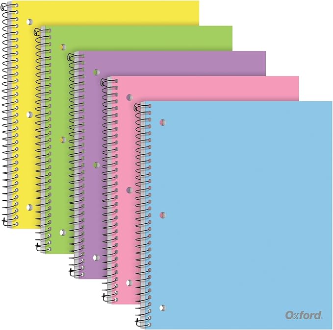 Oxford 1 Subject Spiral Notebook, Notebooks for School, Plastic Covers, School Supplies, College Ruled, 100 Sheets, 5 Pack, Assorted Pastel Colors: Blue, Green, Yellow, Pink and Purple (1009291)