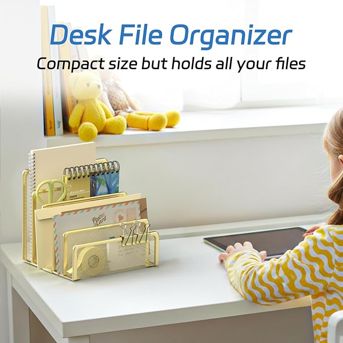 Mail Organizer Countertop with 5 Slot, Metal Mail Holder for Desk, File Holder Letter Sorter for Envelope, Bill and Document (Gold)