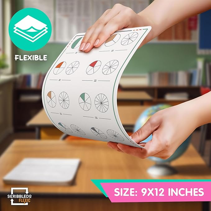 SCRIBBLEDO Fraction Manipulatives 9”x12” Small White Board Dry Erase Sheets Math Manipulatives 1st Grade Students 2nd Grade Fractions Homeschool Supplies Teacher Classroom Pack of 10 Sheets