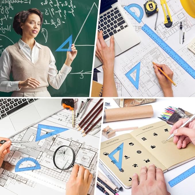 Plastic Clear Ruler Math Set, 6" | 12" Straight Ruler Protractor, 2 Protractors 180 Degree 2 Triangle Rulers 45 | 60 Degree 2 Straight Rulers Measuring Tool for School Office Home Supplie,Blue