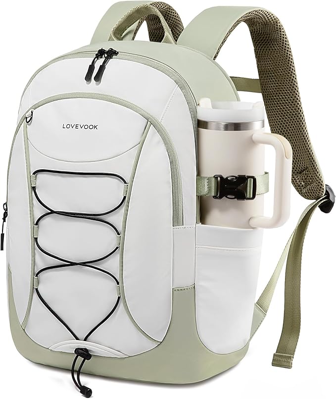 LOVEVOOK Mens Backpack with Giant Tumbler Holder Pocket,18 Inch Everyday Laptop Backpack Commuter Travel Work Computer Bag for Women,Casual Hiking College Teacher Back Pack Daypack,White-Bean Green