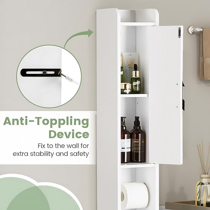 VECELO Narrow Bathroom Storage Cabinet with Adjustable Shelves, 67" Tall Freestanding Cabinet with Toilet Paper Holder, Slim Tower Cabinet with Two Magnetic Doors & Drawer, for Small Spaces, White