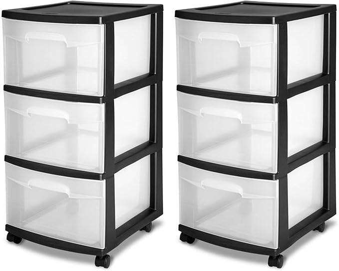 Sterilite 2 Pack Plastic Storage Organizer, 3 Drawer Rolling Bin Cart, Closet Organization, Black