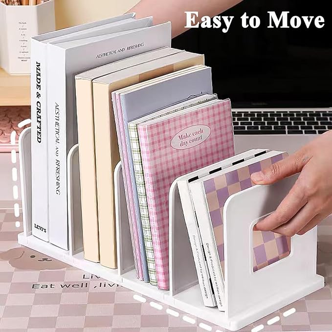 SAYEEC Desk File Sorter Vertical Desktop File Folder Organizer 4 Section Plastic Book Holder Adjustable Shelf Dividers Closet Purse Handbag Mail Binder Organizer Magazine Rack Stand Bookshelf (White)