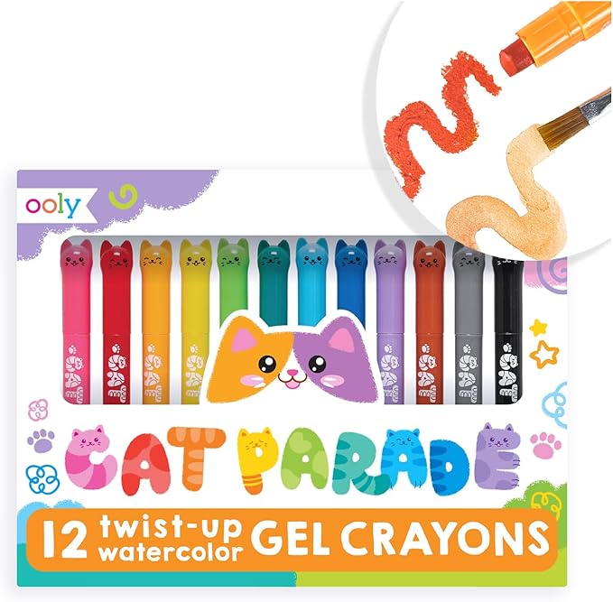 Ooly Cat Parade Gel Crayons for Kids and Adults - Set of 12 Rainbow Color Crayons for Glass and Paper Surfaces with Cat-Shaped, Twist-Up Caps - Smooth Gliding Gel Crayon Set