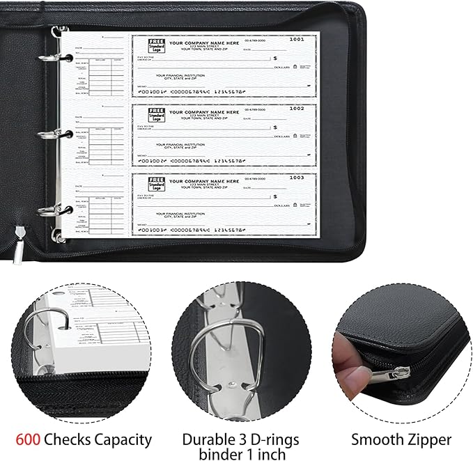 LLi Cufite 3 Rings Check Binder for End-Stub Deskbook Checks, Zipper Business Check Binder, 3 on a Page, Fit 3 & 9 Holes Check Faux Leather (9.5" x 12.6") (Black)