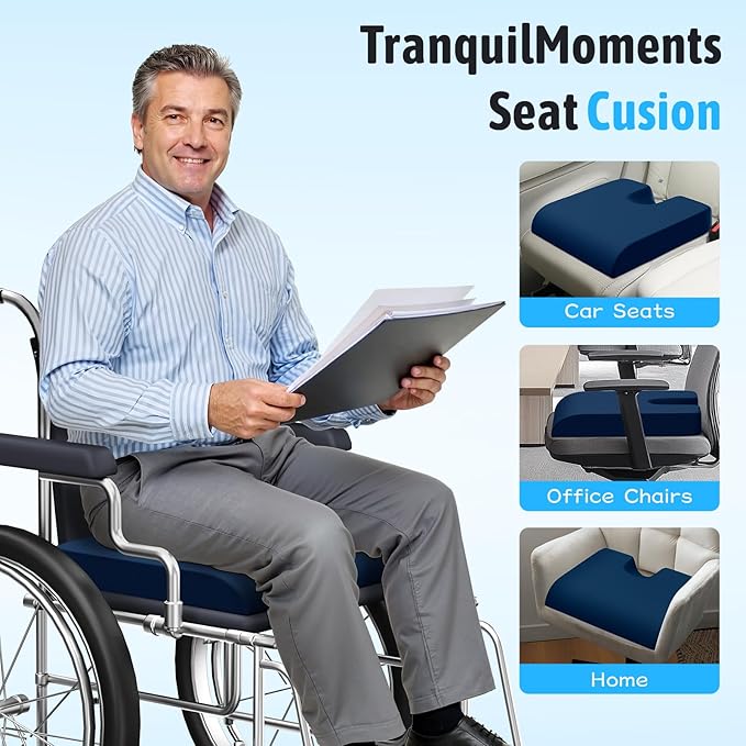 TranquilMoments Seat Cushion, Gel Wheelchair Seat Cushion，Ergonomic Chair Cushions for Office Chairs & Car, Relieve Sciatica, Back and Tailbone Pain, Removable Cover & Non - Slip Bottom, Blue