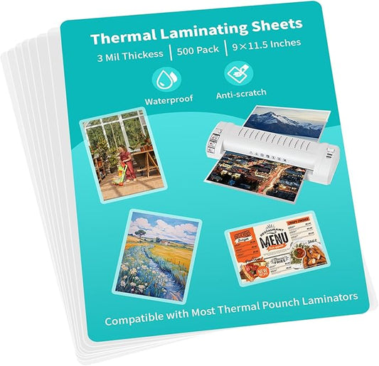 3 Mil Laminating Sheet 500 Pack, Clear 9 x 11.5 Inch Thermal Laminating Pouches for Thermal Laminator, Holds 8.5 x 11 Inch Letter Size Lamination Sheets, Water-Proof Laminating Paper