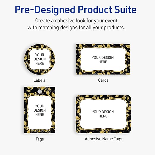 Avery Printable Adhesive Name Badges, 2-1/3" x 3-3/8", Pre-Printed Flourished Black Border w/Golden Leaves Design, Matte White, Laser & Inkjet Compatible, 80 Total