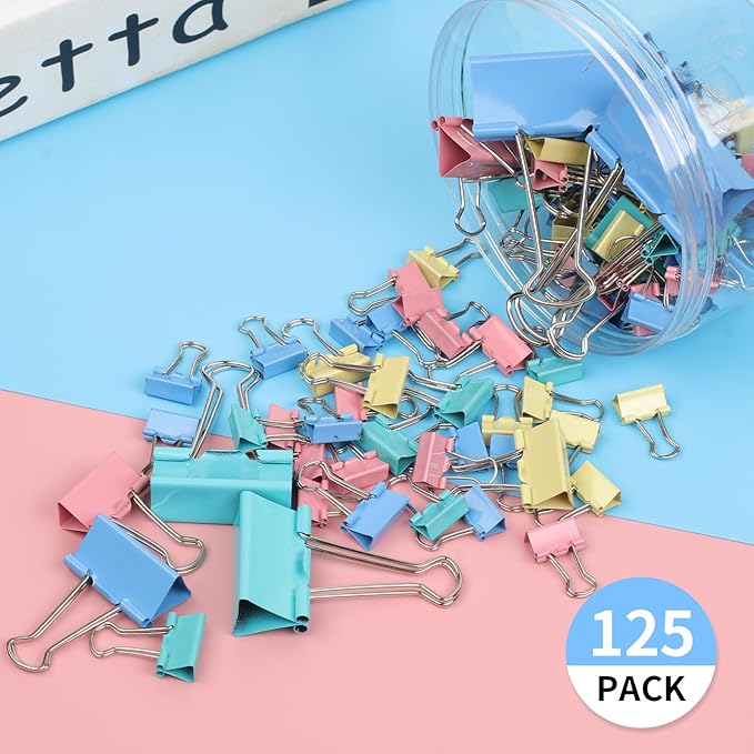 Joyberg 125Pcs Binder Clips Colored, Binder Clips Assorted Sizes, 6 Sizes Binder Paper Clips for Office Supplies/Home/School (Blue, Pink, Yellow, Green)