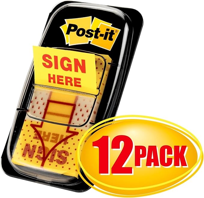 Post-it Message Sign Here Flags Value Pack, 50/Dispenser, 12 Dispensers/Pack, 1 in Wide, Yellow (680-SH12)