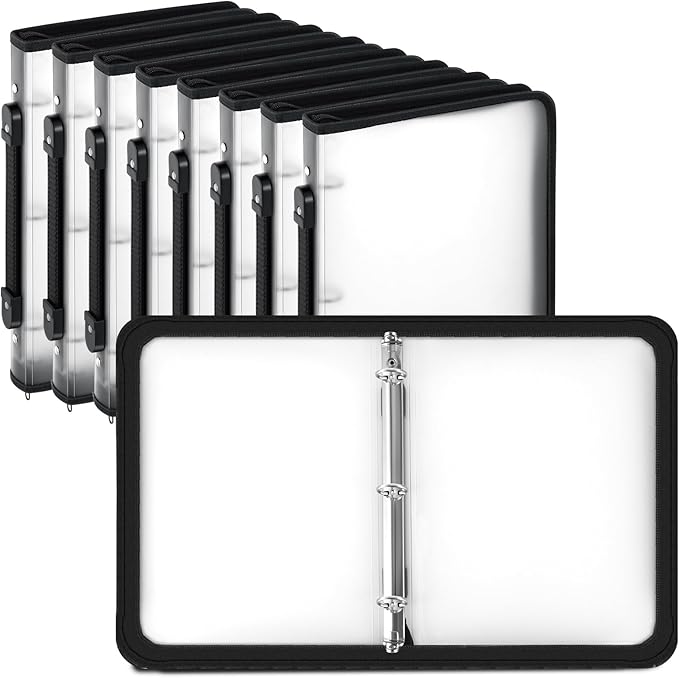 Teling 8 Pcs Plastic Zipper Binders with 3 Ring Zipper Binder, Refillable File Organizer Planner for Projects, Assignments, Memos, School Work (1 Inch,White)