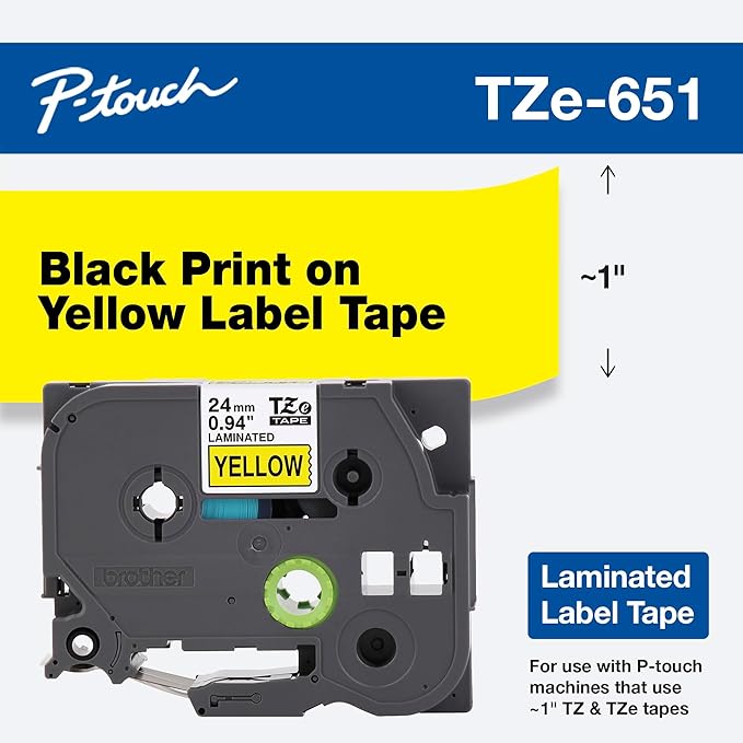 Brother Genuine P-Touch TZE-651 Tape, 1" (24 mm) Standard Laminated P-Touch Tape, Black on Yellow, For Indoor or Outdoor Use, Water-Resistant, 26.2 ft (8 m), Single-Pack, TZE651, 24mm