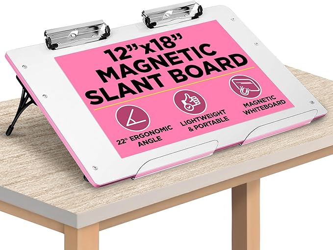 Visual Edge - Slant Board for Writing – Adjustable Magnetic Whiteboard & 22° Angle Ergonomic Desk for Reading, Writing, Drawing and Studying – Portable Tabletop Stand for Students and Teachers - Pink