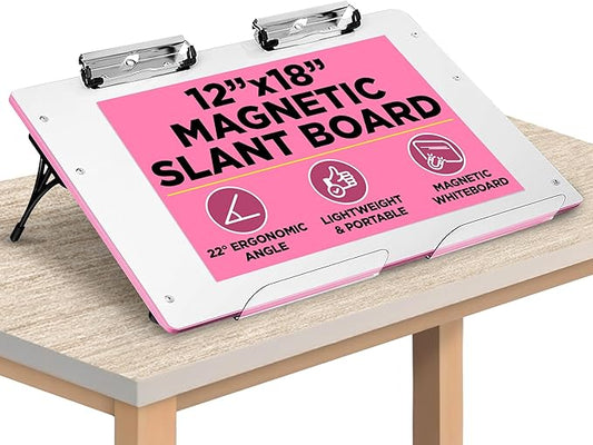 Visual Edge - Slant Board for Writing – Adjustable Magnetic Whiteboard & 22° Angle Ergonomic Desk for Reading, Writing, Drawing and Studying – Portable Tabletop Stand for Students and Teachers - Pink