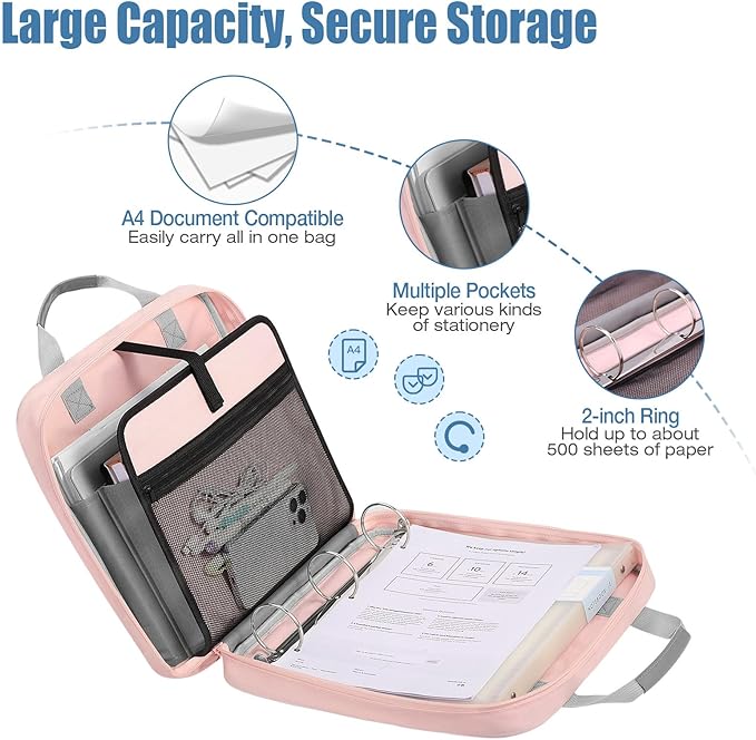 MoKo Zipper Binder, 2 Inch 3 Ring Binder with Zipper, 500 Sheet Capacity Zip Up Binders with Shoulder Strap Handle, Multi-Pocket Zip Up Binders for Middle School Student, Pink