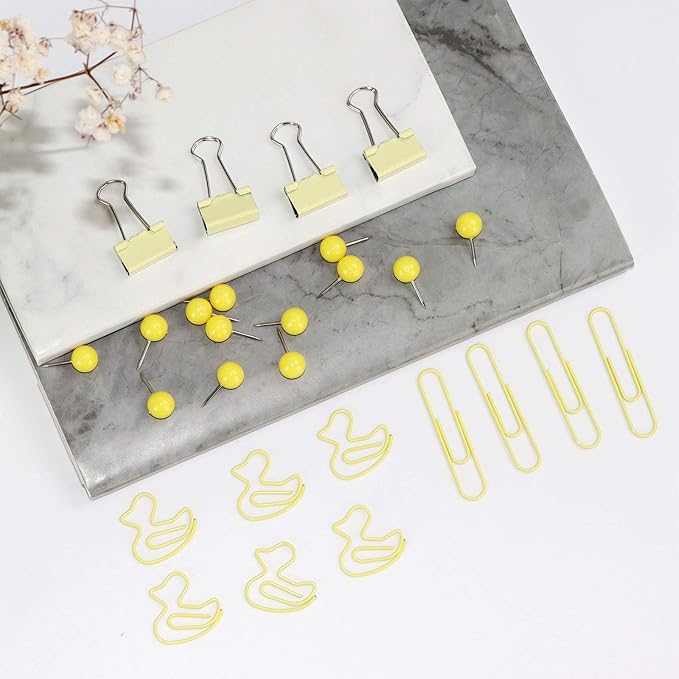 Cute Thumb Tacks Paper Clip Binder Clips Push Pins Set Assorted Size Metal Clips in Plastic Holder Decorative Desk Accessorries (Yellow)