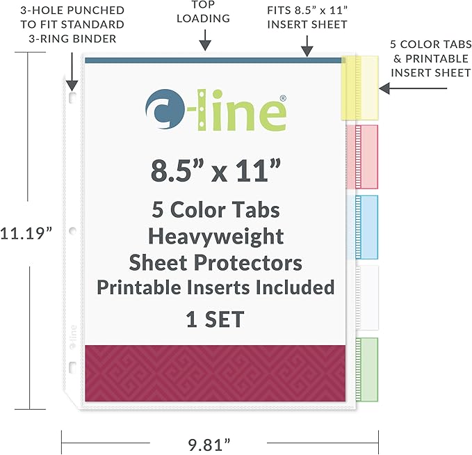 C-Line Polypropylene Sheet Protector with Index Tabs, Assorted Color Tabs, 11 x 8.5 Inches, One 5-Tab Set (05550)