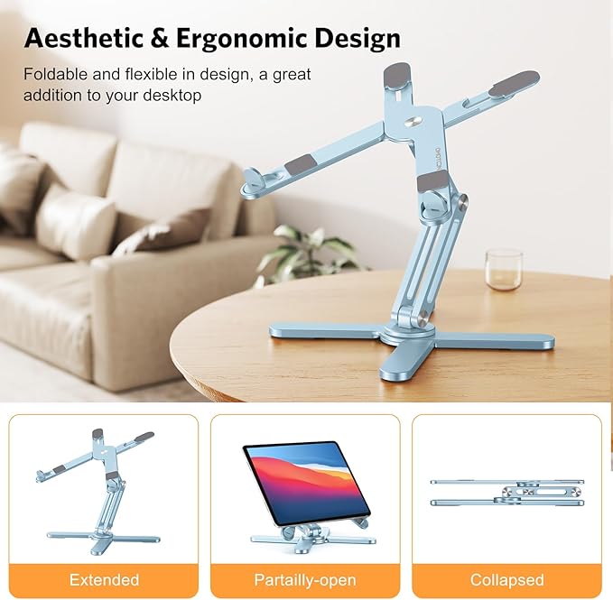 OMOTON 360 Rotating Laptop Stand Riser for Desk, Ergonomic Foldable Computer Stand Adjustable Height Angles for Collaborative Work, Easy Storage Fit Macbooks,All Laptops up to 16 inches,Sky Blue