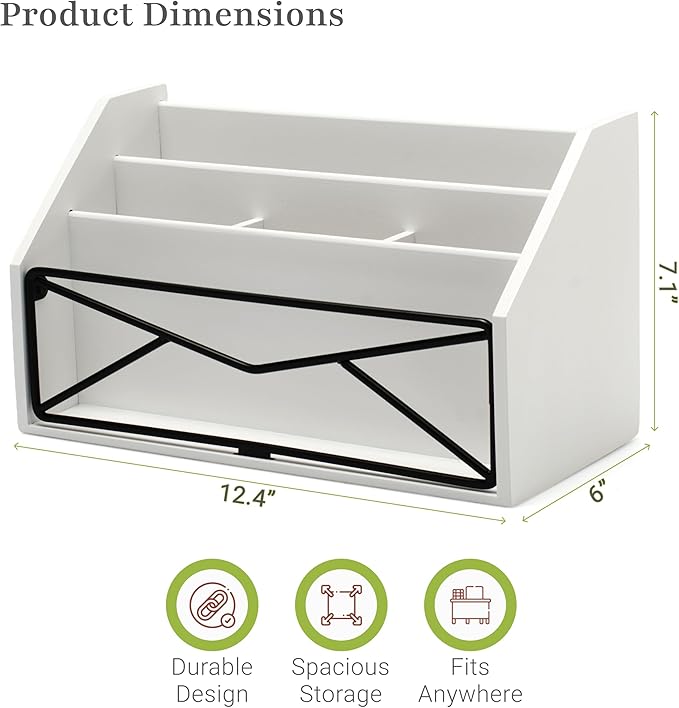 Prosumer's Choice Bamboo Desk Organizer – White Powder-Coated Natural Bamboo Mail Organizer for Countertop - Wooden Desktop Organizer for Mail, Files, Letters, and Tabletop Storage