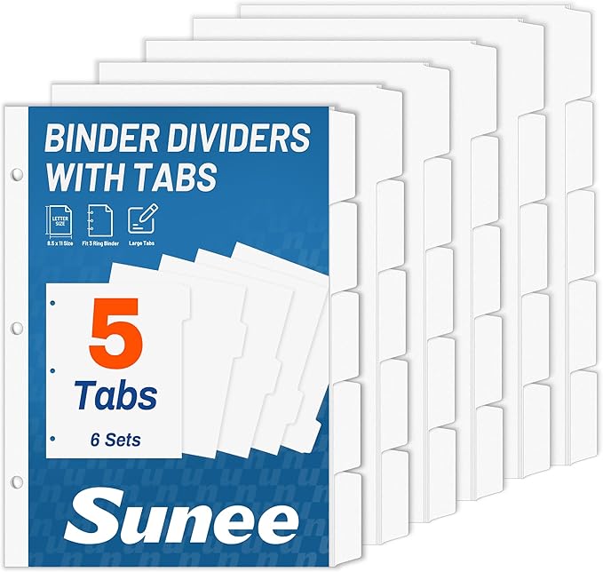 SUNEE Binder Dividers with Tabs for 3 Ring Binder, 8.5 x 11 Paper White Binder Dividers Blank with 5 Tabs, 6 Sets Page Dividers for School, Office and Home, 30 Dividers