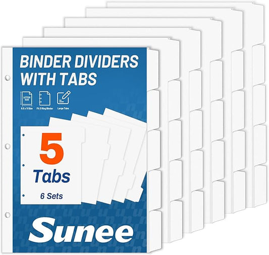 SUNEE Binder Dividers with Tabs for 3 Ring Binder, 8.5 x 11 Paper White Binder Dividers Blank with 5 Tabs, 6 Sets Page Dividers for School, Office and Home, 30 Dividers