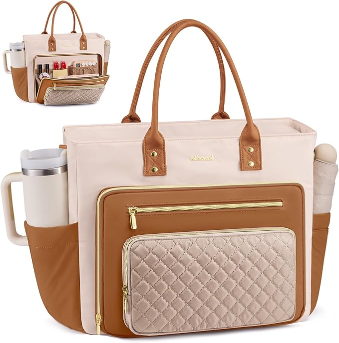 LOVEVOOK Laptop Tote Bag for Women, Teacher Nurse Work Bags with Laptop Compartment, Laptop Bag With Large Cup Holder, Professional Briefcase Business Large Purses Handbag, Dark Apricot-brown 17 Inch