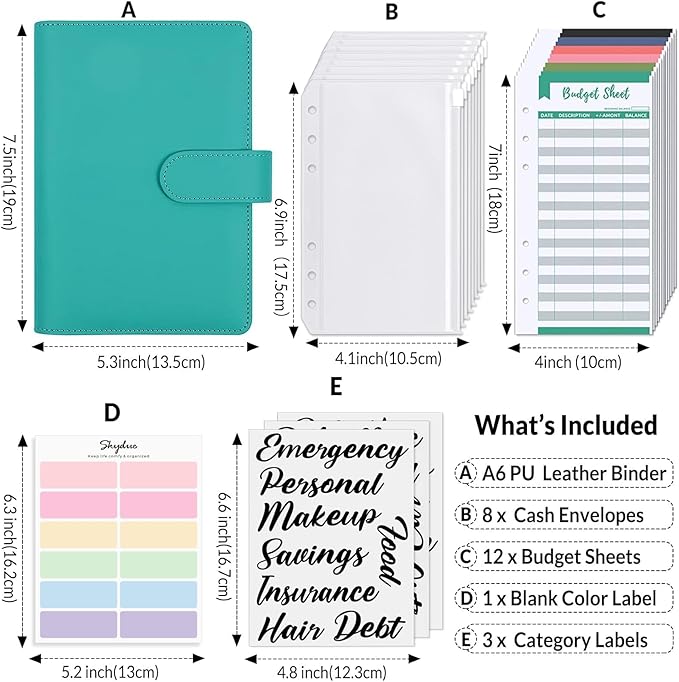 SKYDUE Budget Binder, Money Saving Binder with Zipper Envelopes, Cash Envelopes and Expense Budget Sheets for Budgeting (Turquoise)