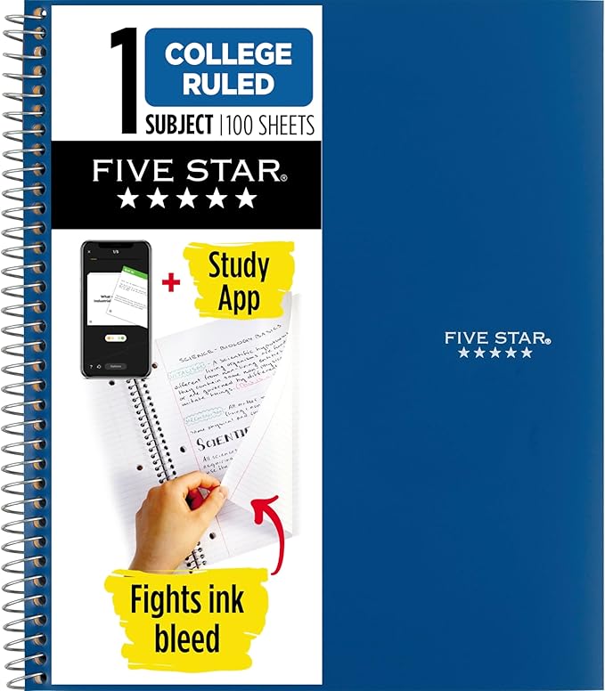 Five Star Spiral Notebook + Study App, 1 Subject, College Ruled Paper, 8-1/2" x 11", 100 Sheets, Fights Ink Bleed, Water Resistant Cover, Pacific Blue (72565)
