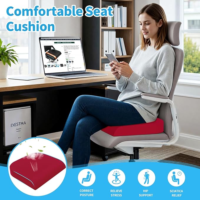 Large Seat Cushion, Memory Foam Cushion for Long Sitting Hours on Office Chair, Home & Car, Non-Slip Chair Pad for Relieving Back & Sciatica & Hip & Coccyx Pain (Red)