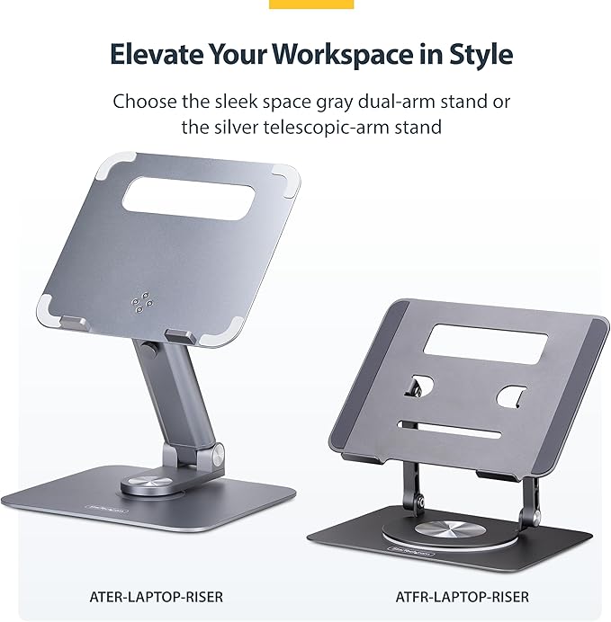 StarTech.com Telescopic Laptop Stand, 360 Swivel Base, Rotating Computer Riser for Desk, Adjustable Height/Tilt, Max 11lb/5kg