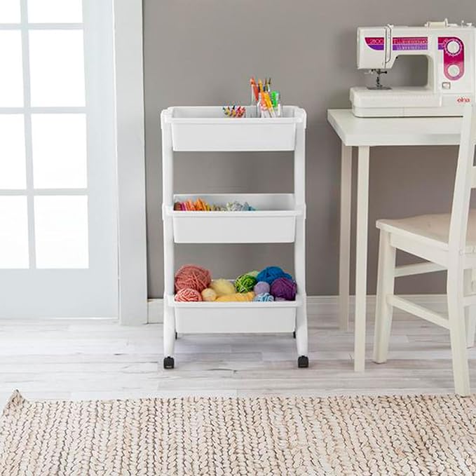 Sterilite 3 Tier Utility Cart Portable Storage Open Bin Organizer with 360 Degree Smooth Rolling Caster Wheels, Supports 10 lb Per Tier, White, 9-Pack