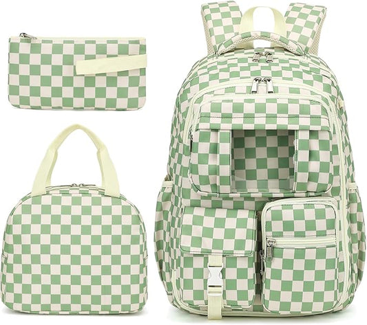 Girls School Backpack Set - Teens Kids School Bag Bookbag with Lunch Box Pencil Case for Elementary Middle School (Checkered Green)